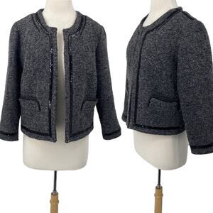 Cynthia Rowley Sweater Coat Tweed Wool Collarless Sequined Piping Grey Womens L